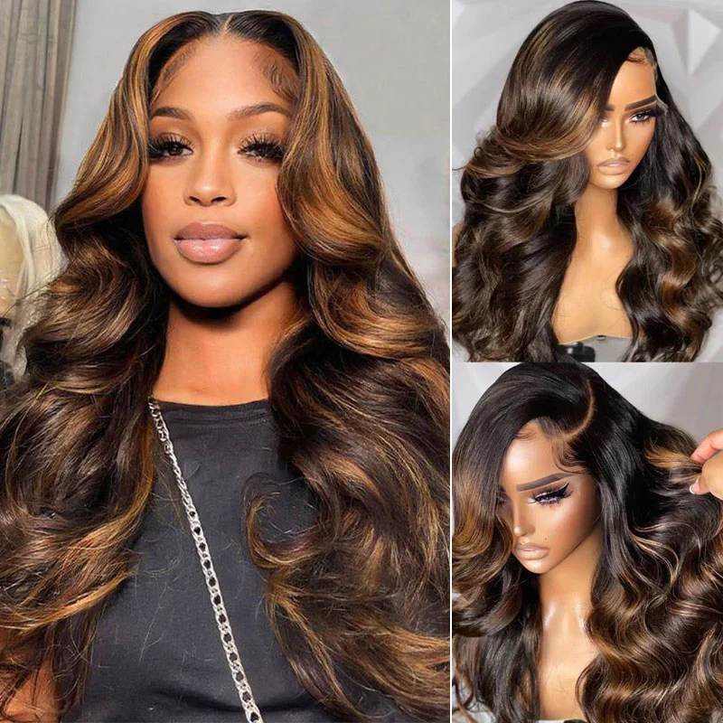 Auburn Brown Ombre Highlights Body Wave Lace Frontal Wig Displayed On Model and Mannequin