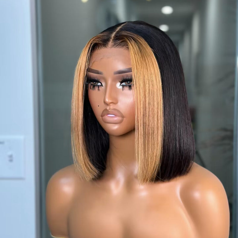 Ishow Skunk Stripe 1B/27 Straight Short Bob Wig Highlighting Black and Blonde Colors