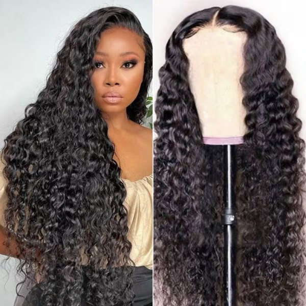 34-Inch Water Wave Wig Displayed On a Mannequin and Worn By a Woman