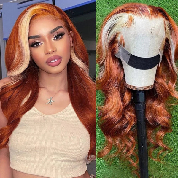 Woman modeling ginger blonde body wave lace front wig with dark roots and blonde streaks, featuring 200% density and HD lace in multiple poses.