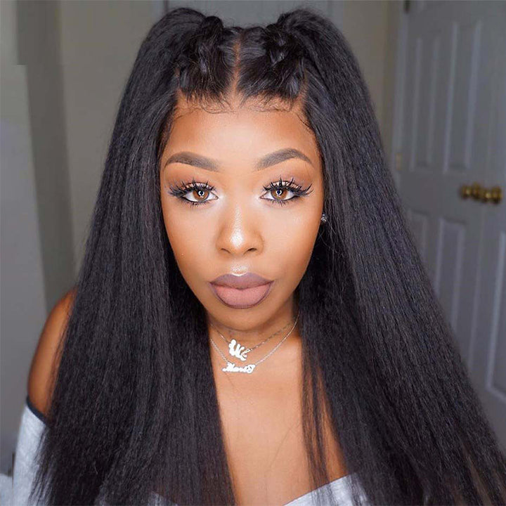 Model Showcasing Kinky Straight Glueless Wig With Sleek Style and Braided Front