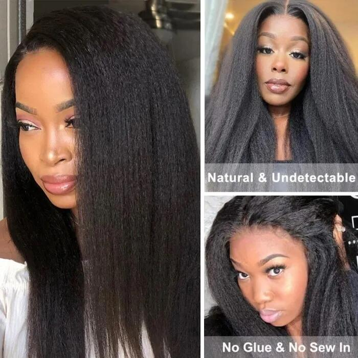 Kinky Straight Human Hair Wig Showcased On Model, Emphasizing Natural Look and Soft Texture