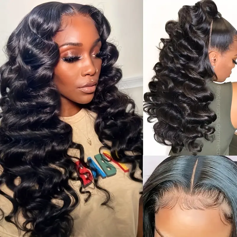 Loose Deep Wave Lace Front Wig in Natural Black Styled With Curls and Two High Buns