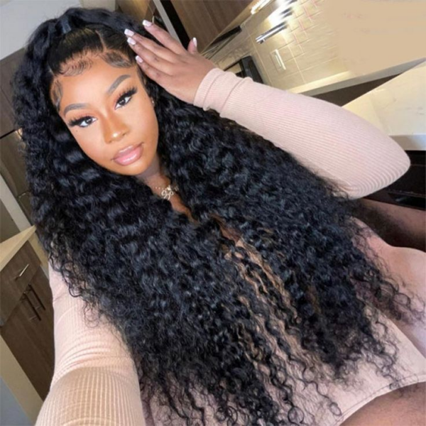 Model Wearing Long Deep Wave Wig, Highlighting Glossy, Voluminous Curls
