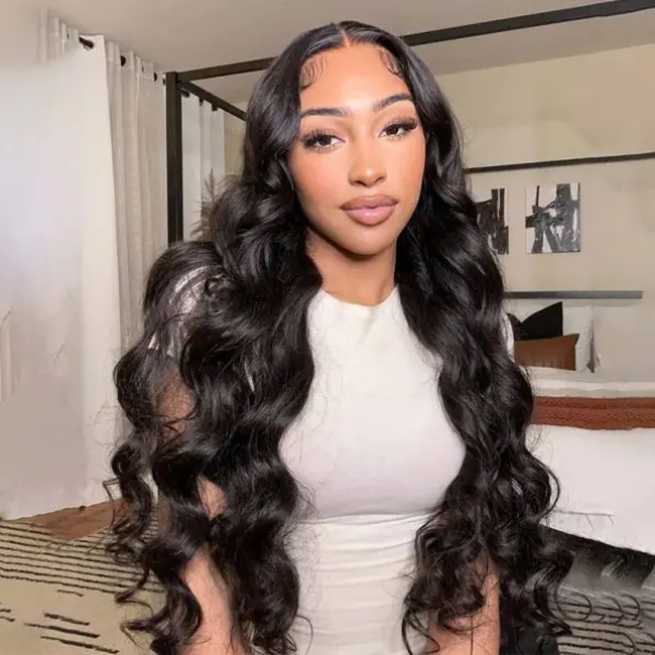 Model Showcasing 40-Inch Body Wave Lace Front Wig in Natural Black Color