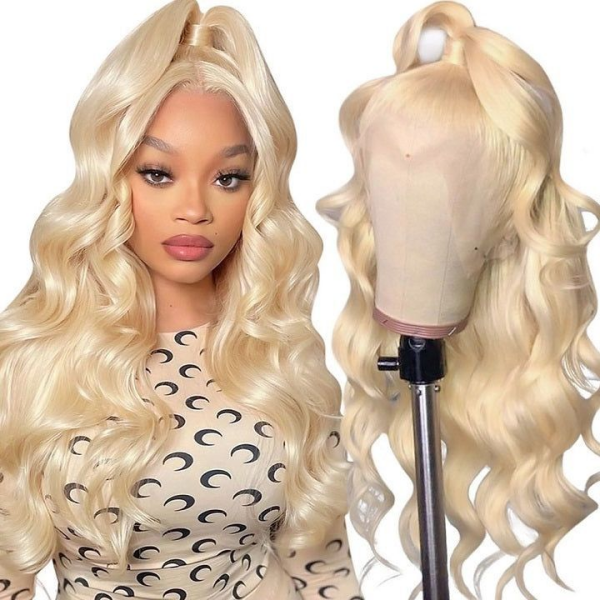 Blonde Body Wave Wig Styled On a Mannequin and Worn By a Model