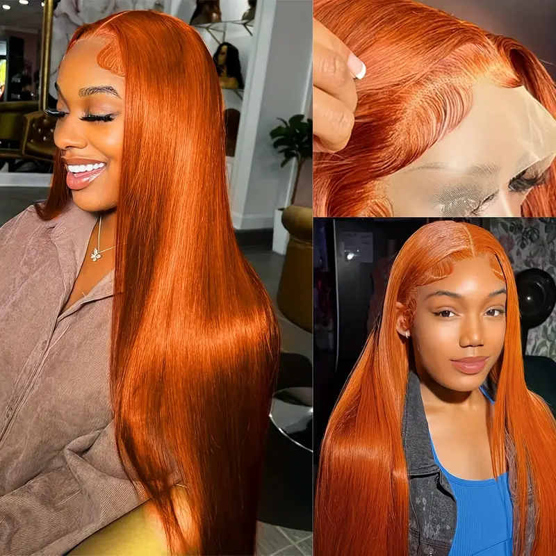 Model Wearing a Straight Ginger Lace Front Wig, Showcasing Natural Hairline and Shine
