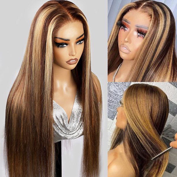 20-Inch P4/27 Straight HD Lace Closure Wig On Mannequin With Sleek Texture and Shine