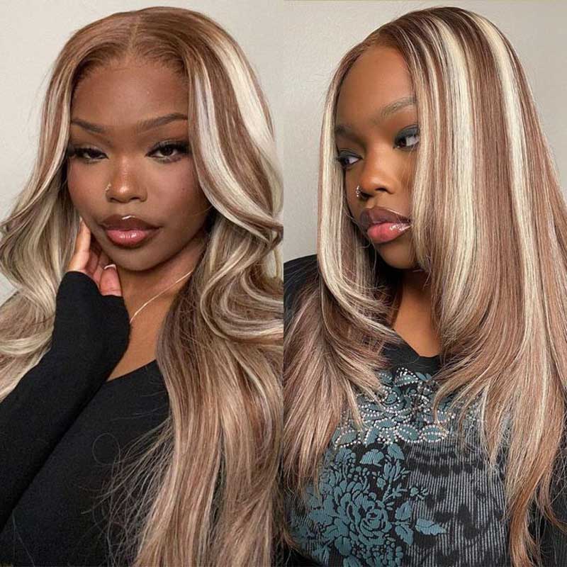 Model Wearing Ishow PPB Wig With Brown and Blonde Highlights, Showcasing Straight Hair