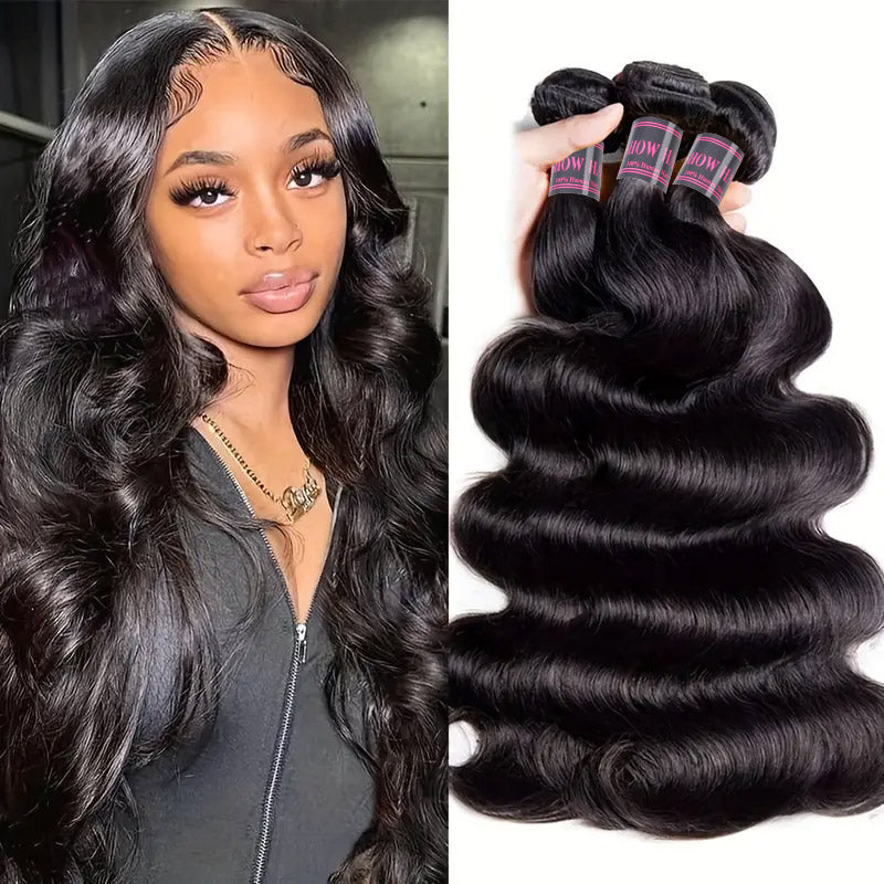 Model With Long Body Wave Hair Next to Three Bundles of Natural Black Hair