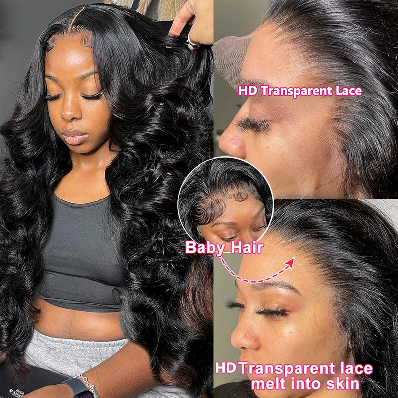 Woman Wearing Body Wave Wig Showcasing HD Transparent Lace and Baby Hairs