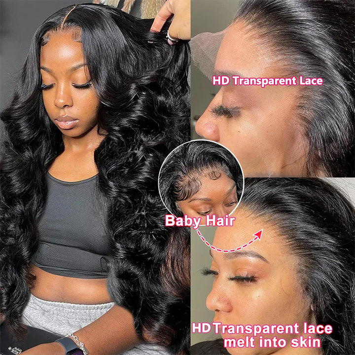 Woman Wearing Body Wave Wig Showcasing HD Transparent Lace and Baby Hairs