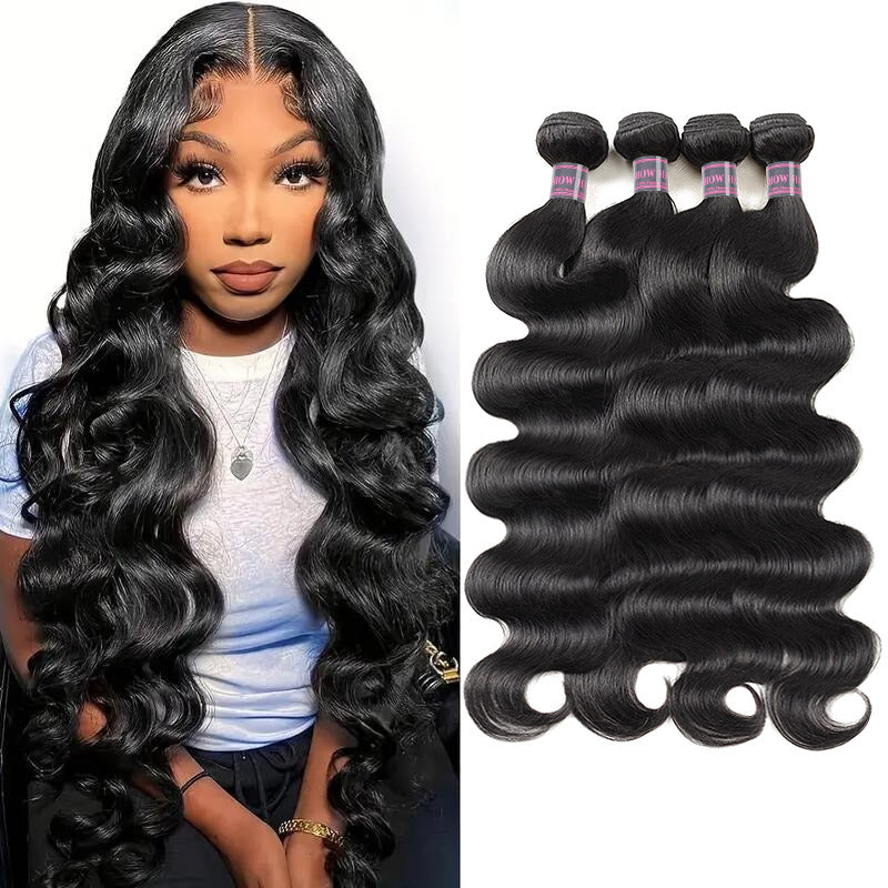 Woman wearing long, luscious body wave virgin Peruvian hair extensions. Next to her are four bundles of natural black body wave hair weave extensions.