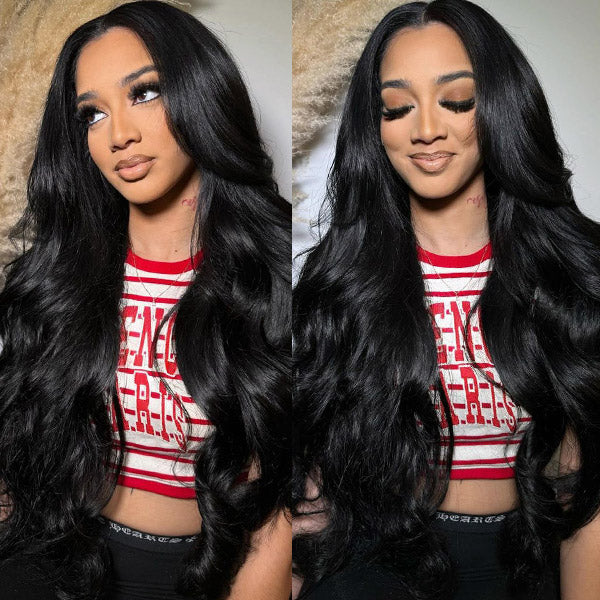 Model Showcasing Long Black Wavy Human Hair Wig With Loose Curls