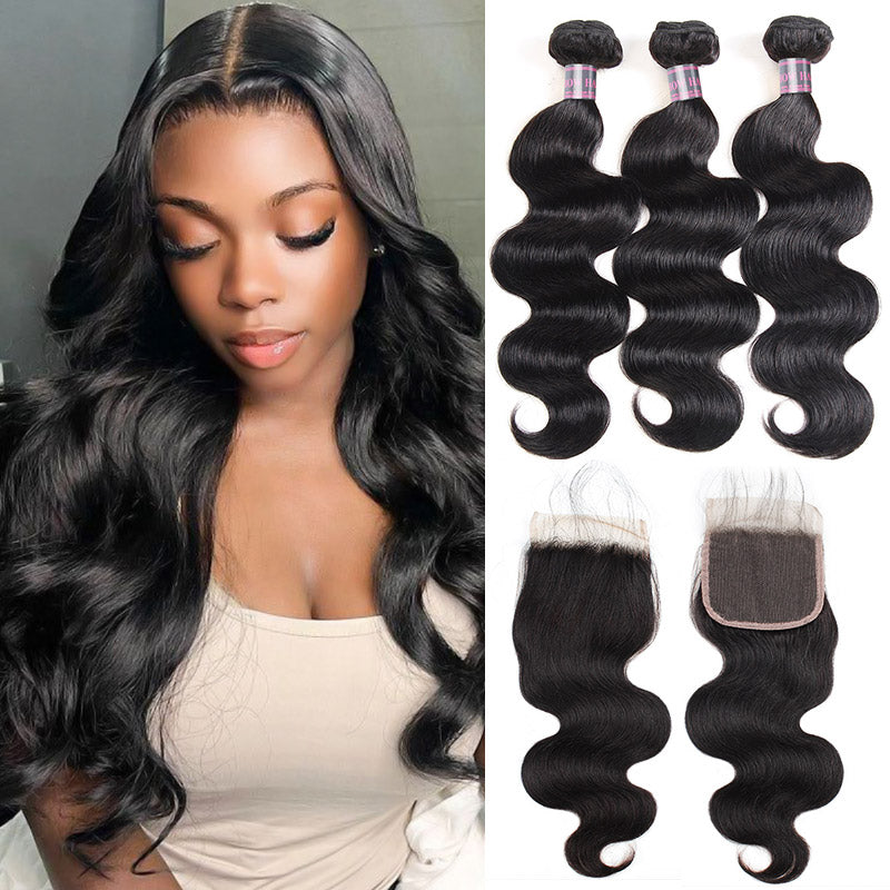 Smiling woman with long, voluminous jet black wavy hair, alongside three bundles of jet black wavy human hair weaves and two matching 4x4 lace closures by Ishow Hair Bundles