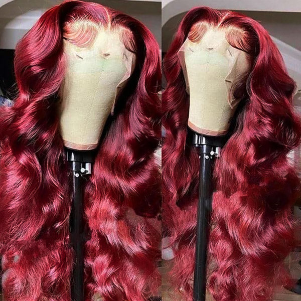 Red Body Wave Wig On Mannequin Highlighting Its Glossy Texture and Soft Curls
