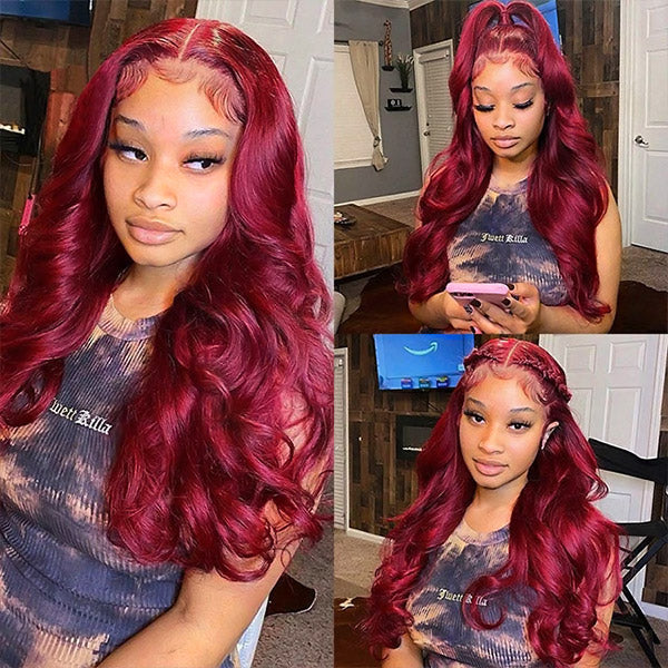 Stylish Model Wearing Ishow 99J Burgundy Body Wave Lace Front Wig in Various Styles