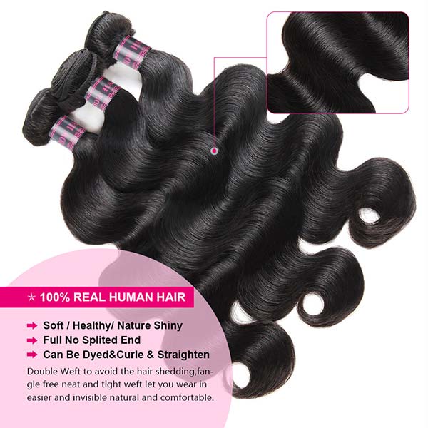Three Bundles of Body Wave 100% Human Hair, Glossy Black, Soft and Suitable for Styling