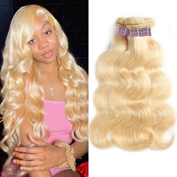 Ishow Hair 613 Blonde Color 3 Bundles Body Wave Virgin Brazilian Human Hair displayed next to a young woman with long, wavy blonde hair wearing a pink top.
