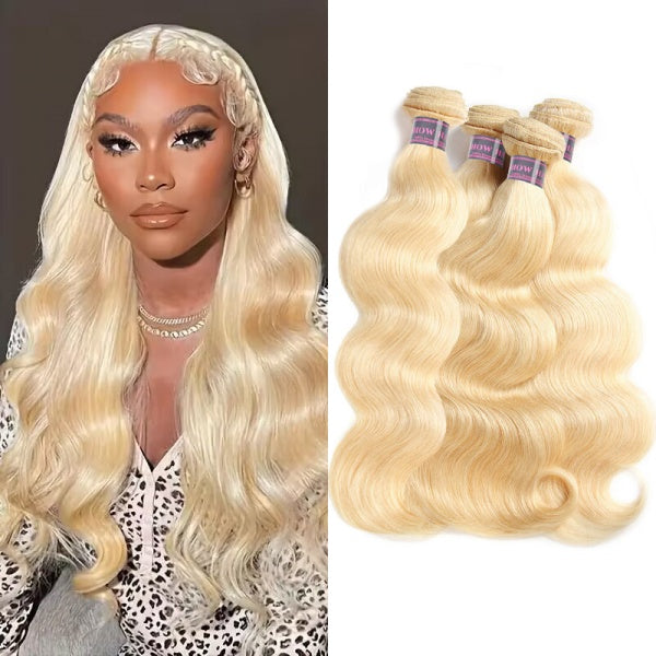 Person with long wavy blonde hair styled in body wave pattern and four bundles of blonde body wave Brazilian human hair displayed. Ishow Hair 613 Blonde Body Wave Hair 4 Bundles Brazilian Human Hair Bundles.