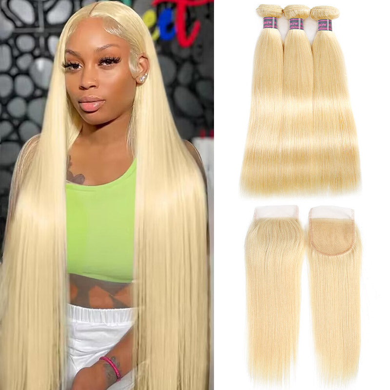 Woman wearing Ishow 613 blonde straight human hair bundles with 4x4 lace closure, showcasing long, sleek hair alongside three straight hair bundles and a lace closure.