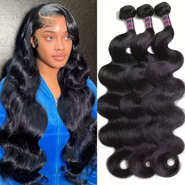 Woman with long black body wave hairstyle in an orange sleeveless dress showcasing Ishow Beauty human hair weave