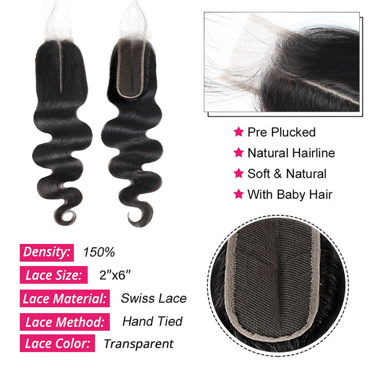 Body Wave 2x6 Lace Closure Feature With Pre Plucked, Natural Hairline