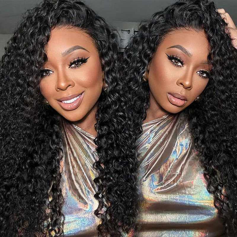 Model With Radiant Smile Wearing Peruvian Curly Hair Bundles and 13X4 Lace Frontal