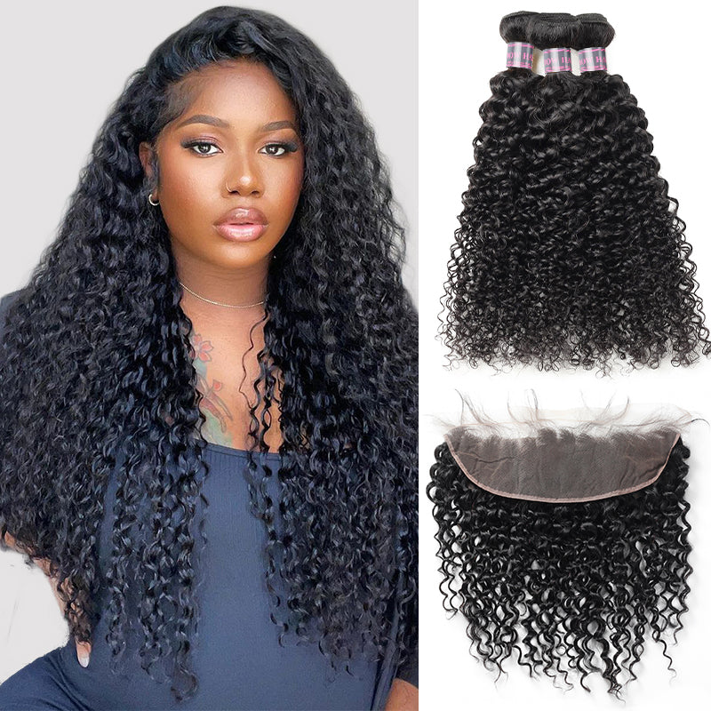 Curly Human Hair Bundles With 13X4 Lace Frontal On Model, Natural Black Color