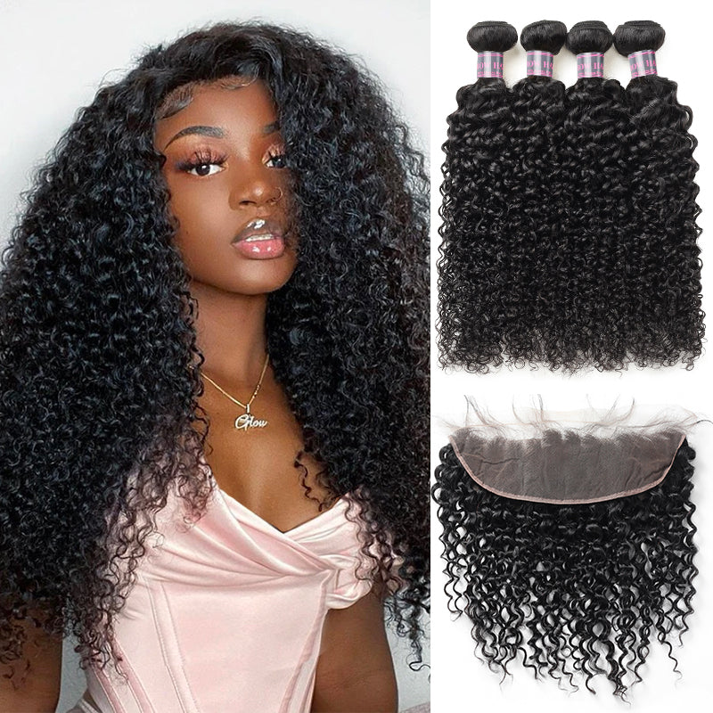 Peruvian Curly Human Hair Bundles With 13X4 Lace Frontal and Model Wearing Curls