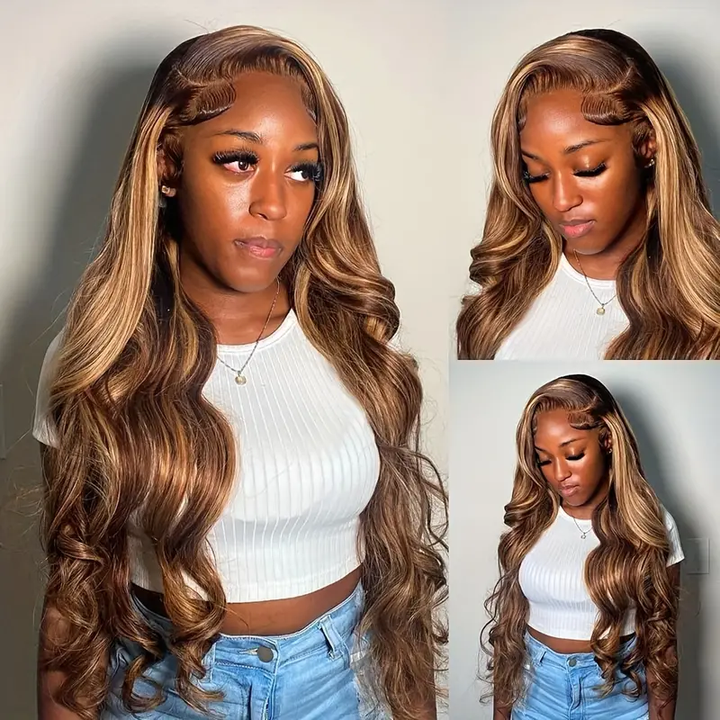 Model Wearing Honey Blonde Body Wave Wig With Closure, Styled in Loose Curls