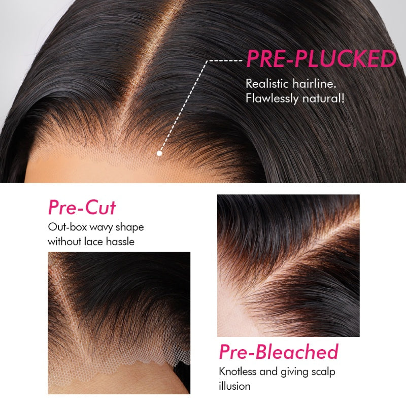 Glueless hair wig feature with pre plucked, pre cut lace and pre bleached knots