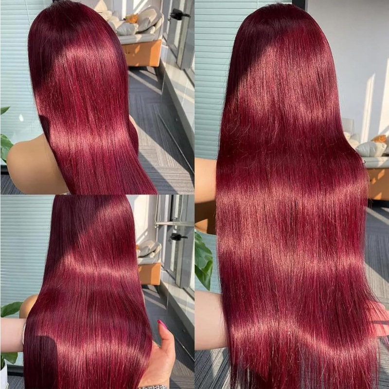 99J Burgundy Straight Hair Wig Displayed in a Shine-Focused Collage From Multiple Angles