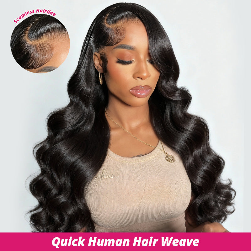 Model Showcasing Body Wave Human Hair Bundles, Showing Details of Seamless Hairline
