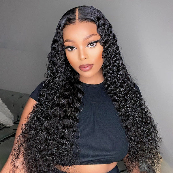 Close-up of deep curly glueless wig with a natural-looking part and invisiknots, highlighting the realism of Ishow Beauty HD lace frontal wig.