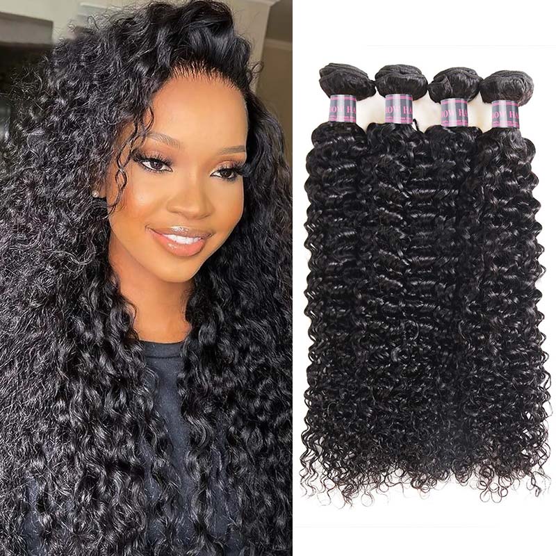 Woman with Brazilian curly black hair alongside four bundles of Ishow Hair Brazilian Curly Hair Extensions, 100% human hair, natural black color.