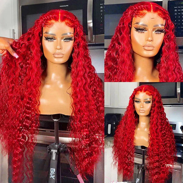 Vibrant Red Deep Wave Lace Front Wig Displayed On a Mannequin