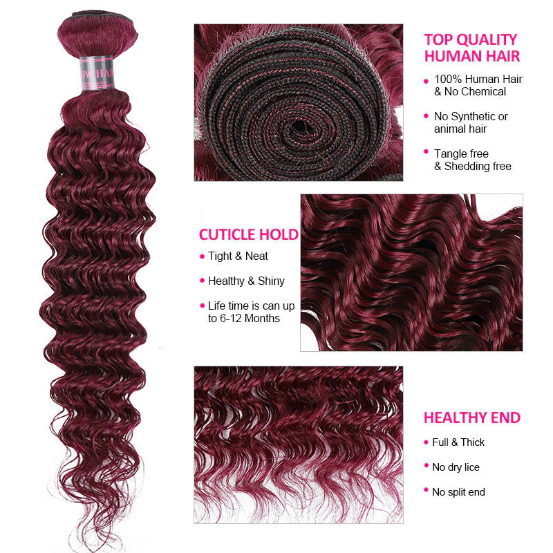 Ishow 99J Red Deep Wave Human Hair Bundle, 100% Human Hair, Tangle-Free, Healthy Ends