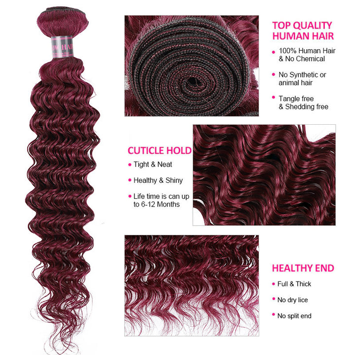 Ishow 99J Red Deep Wave Human Hair Bundle, 100% Human Hair, Tangle-Free, Healthy Ends