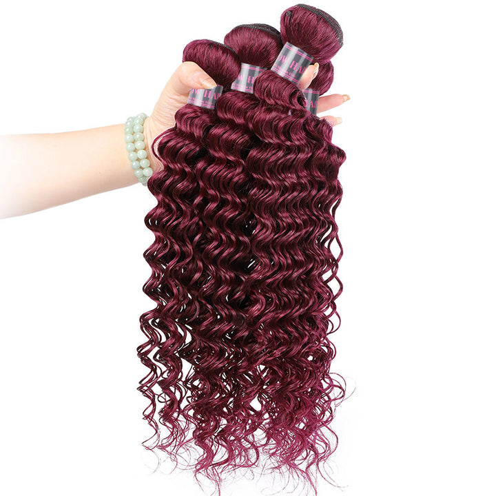 99J Red Deep Wave Human Hair Bundles in Hand, Vibrant Burgundy Color