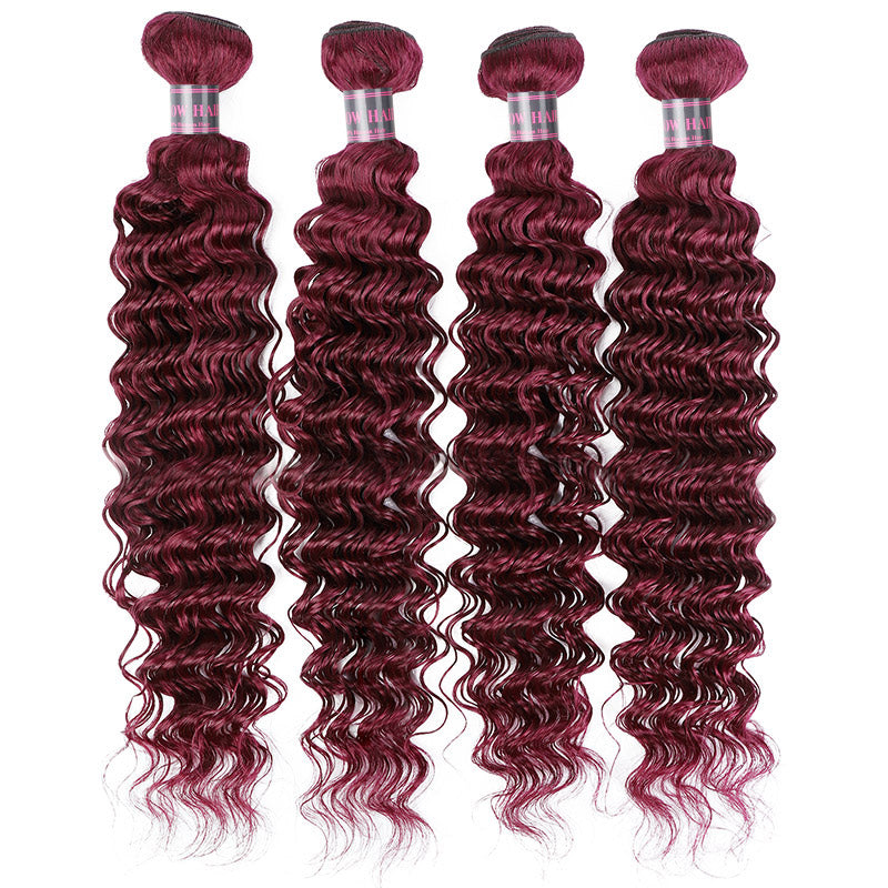 Set of Four 99J Burgundy Deep Wave Human Hair Bundles With Natural Texture