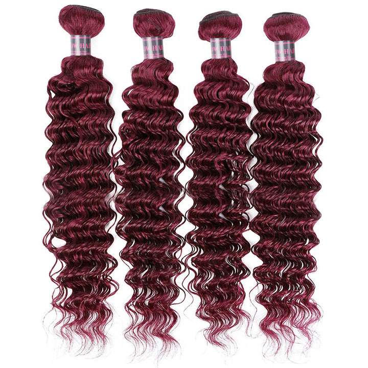 Set of Four 99J Burgundy Deep Wave Human Hair Bundles With Natural Texture