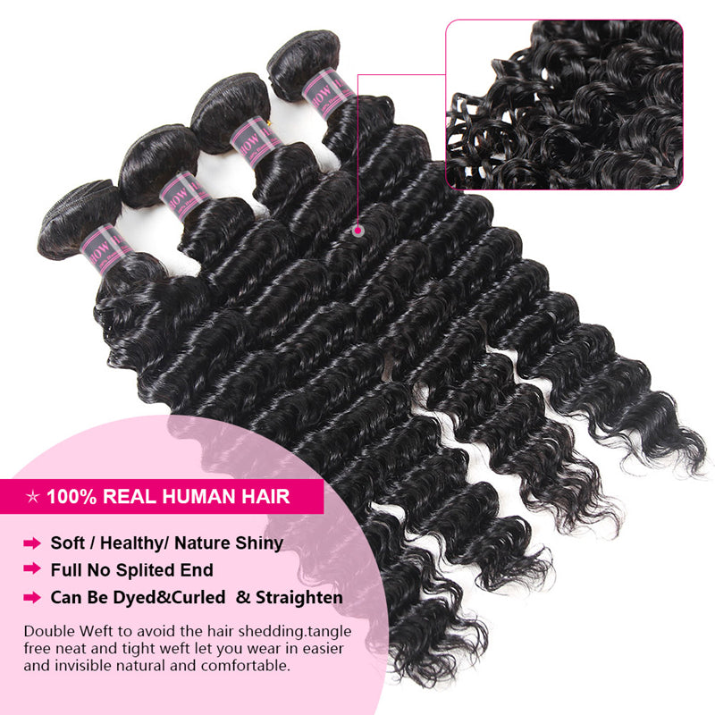 Ishow Brazilian Deep Wave Hair 4 Bundles With 13*4 Lace Frontal Closure