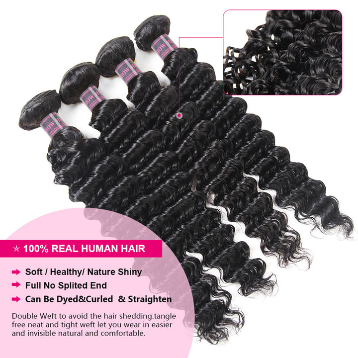 Ishow Brazilian Deep Wave Hair 4 Bundles With 13*4 Lace Frontal Closure
