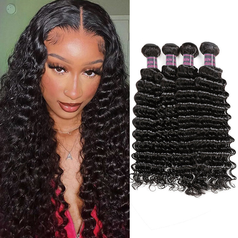 Model With Wavy Jet Black Hair Beside Four Bundles of 100% Human Hair Extensions
