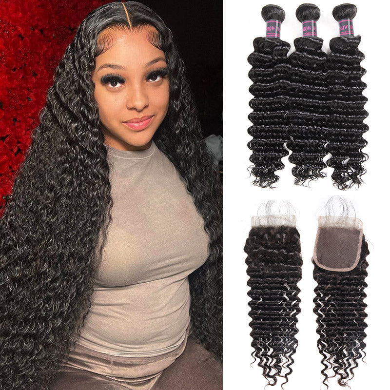 Long Deep Wavy Jet Black Hair With 3 Bundles and Lace Closure Displayed By a Smiling Woman