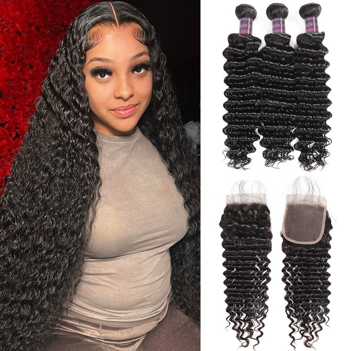 Long Deep Wavy Jet Black Hair With 3 Bundles and Lace Closure Displayed By a Smiling Woman