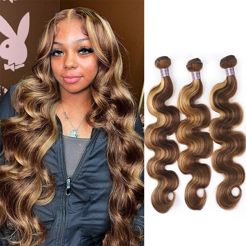 Woman With Highlighted Loose Wave Human Hair and 3 Matching Hair Bundles for Sale
