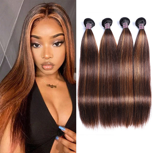 Highlighted Brazilian Straight Hair Bundles T1B 4/30 With Model Showcasing Hair