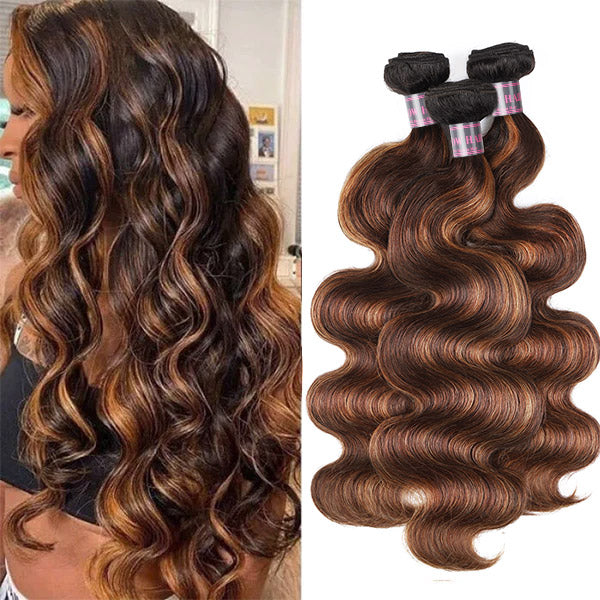 Model showcasing Ishow Brazilian Balayage Highlights Body Wave Hair next to three hair bundles in T1b 4/30 color with a wavy texture.